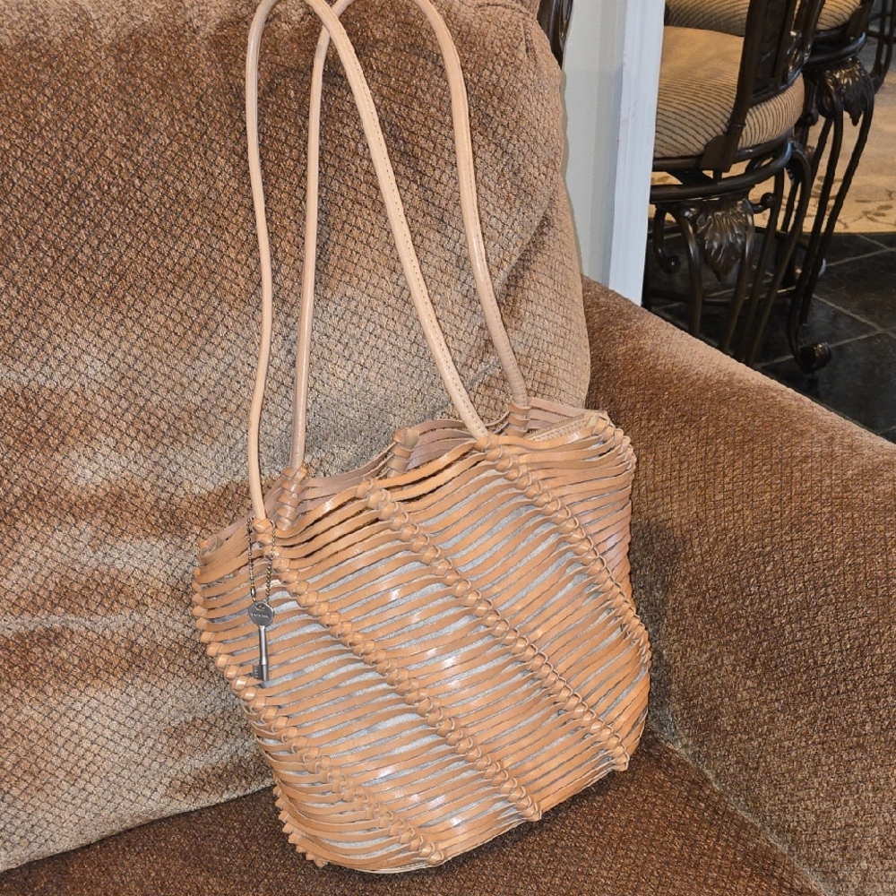 Fossil Tan Woven Genuine Leather Shoulder Bag